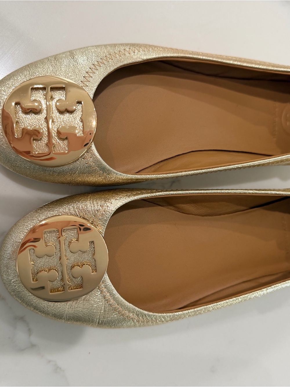 Tory Burch Gold Logo Leather Ballet Flats